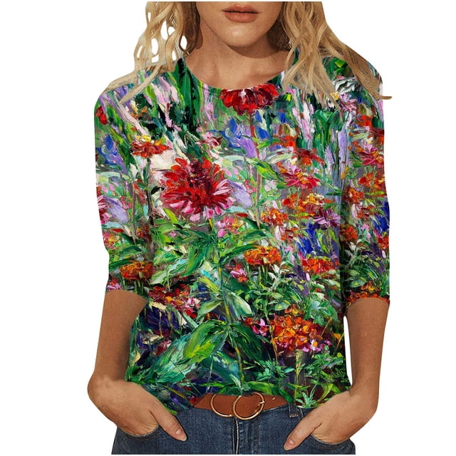 HKEJIAOI Femmes 3/4 Manches Tops Col Rond Imprimé Floral Trois-Quart Manches Femme Top XXL