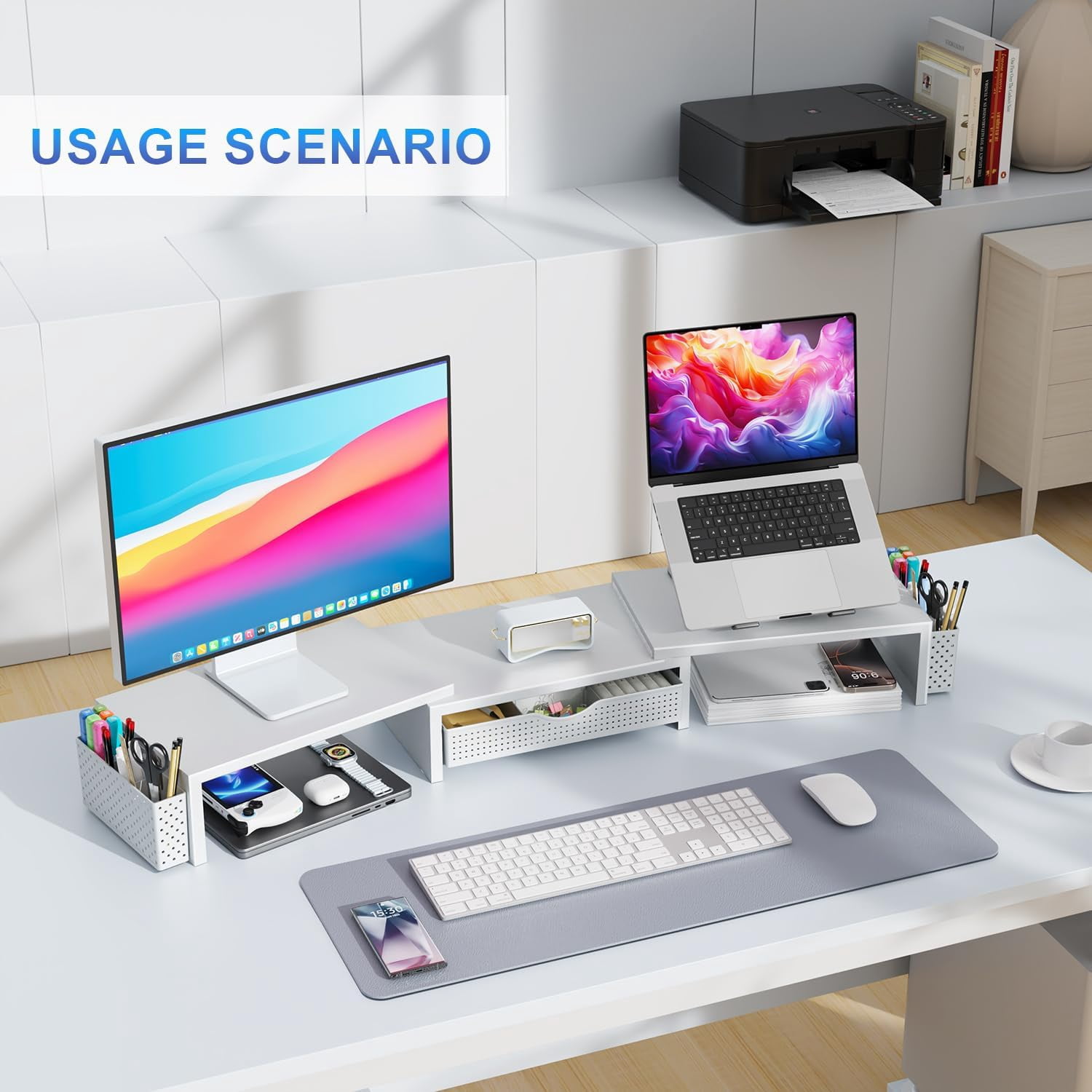 Dual Monitor Stand Riser with Drawer and Pen Holders, White Desk Organizer