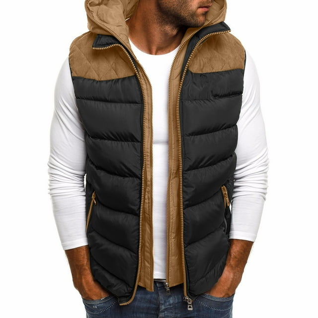 Dvkptbk Men Fashion Patchwork Hooded Zipper Pockets Keep Warm Vest Tops Blouse on Clearance