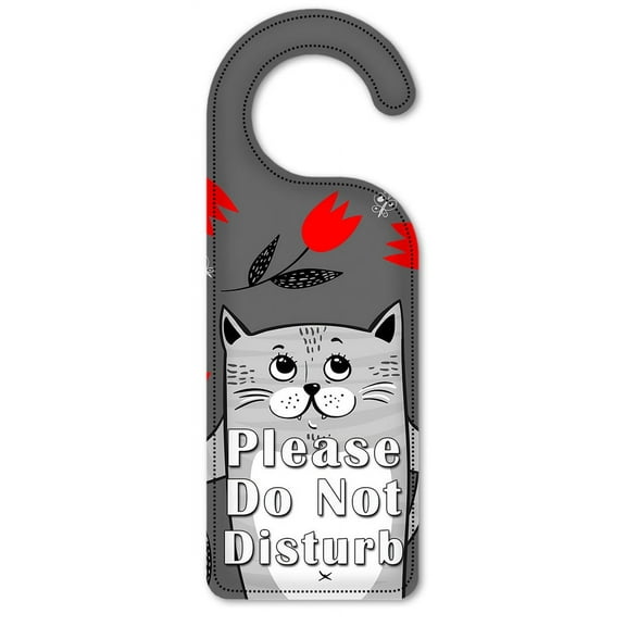 Do Not Disturb Door Knob Hanger Sign - Gray Cat with Red Flowers