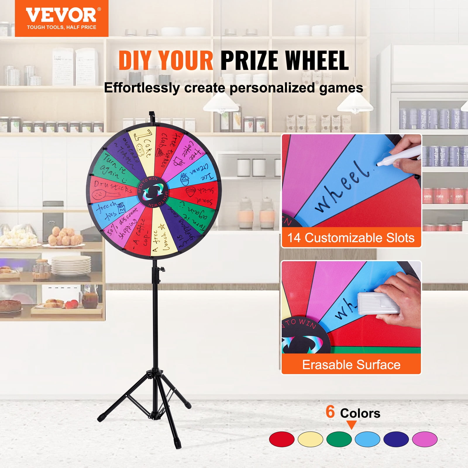 VEVOR 24 inch Spinning Prize Wheel, 14 Slots Spinning Wheel with Height Adjustable Stand, Roulette Wheel with a Dry Erase, and a Storage Bag, Win Fortune Spin Games in Party Pub Trade Show Carnival