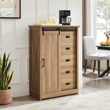 FFZ 5 Drawers Dresser Sliding Barn Door Farmhouse Tall Chest Storage Organizer Bedroom Oak
