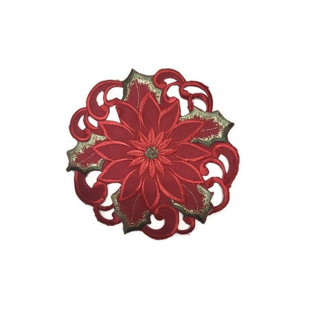 

Doily Boutique Christmas Round Doily with Red Cutwork Poinsettias Size 7 inches