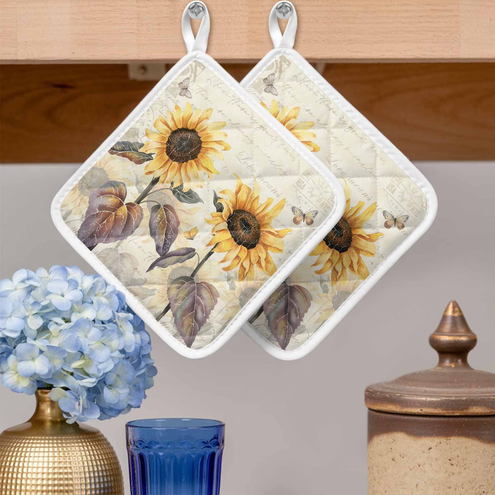 Sunflower Pot Holders for Kitchen Heatproof Potholder, 3 Pack Yellow Summer Botanical Floral Farmhouse Hot Pads Multipurpose Oven Pads Cloth Potholders Trivet for Cooking Baking