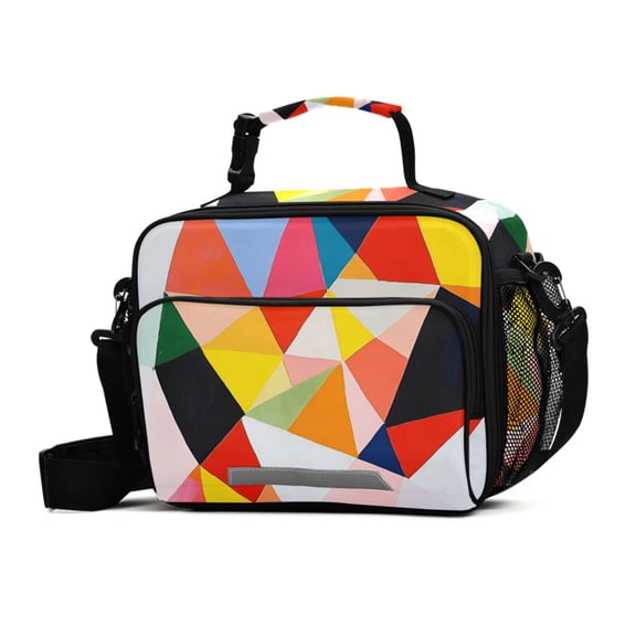 FORMRS Student Insulated Lunch Bag with Shoulder Strap Reusable Cooler Box for School, Purple Triangles