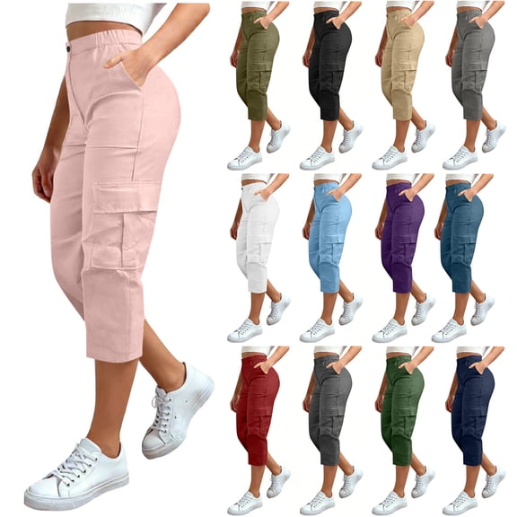 Admvng Women's Cargo Capris Elastic Waist Solid Cropped Trousers with Pocket,Sizes S-5XL