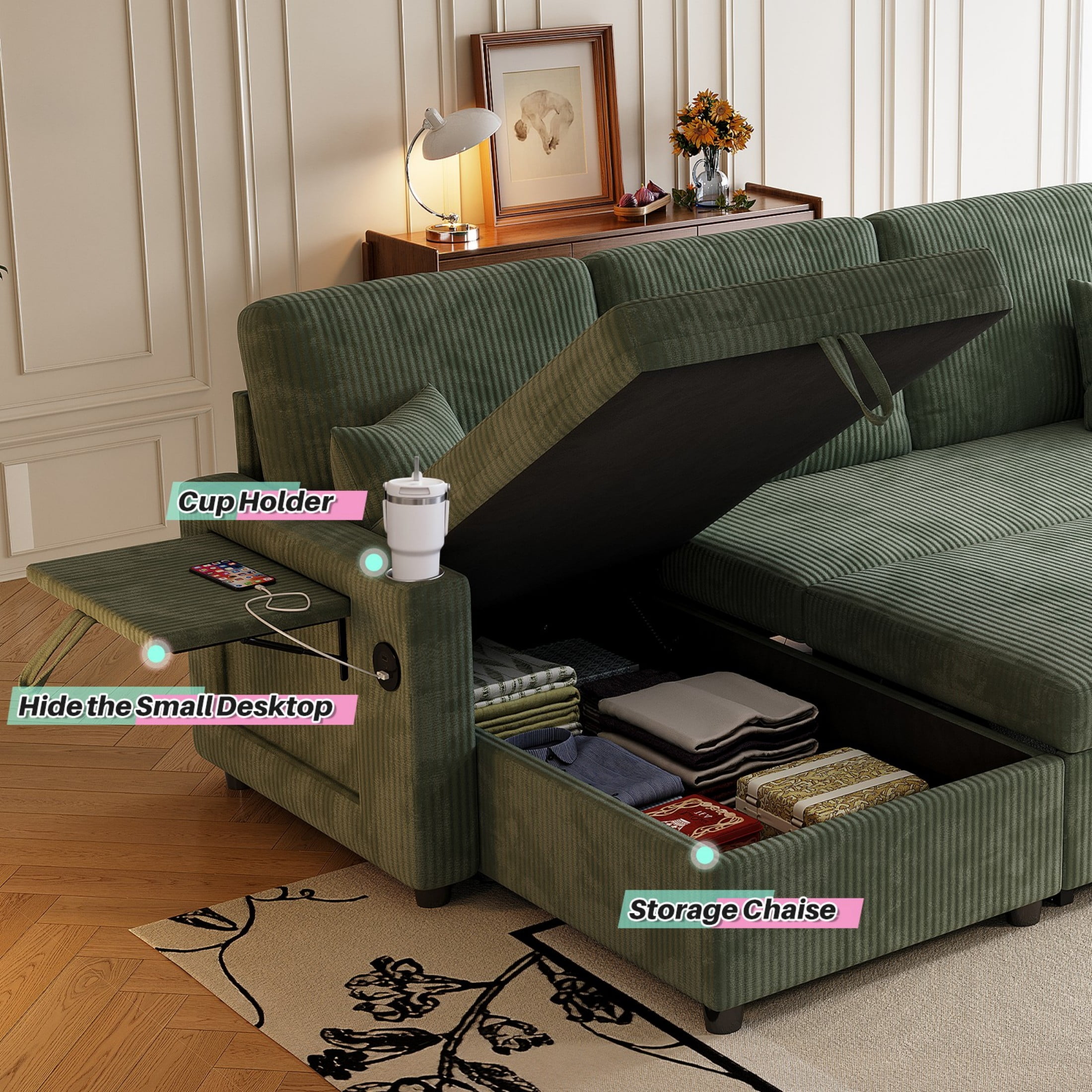 Sleeper Sectional Sofa, 83" Convertible Sofa Bed with Pull Out Couches, Small Desktop, L Shaped Couch with Reversible Chaise, Cup Holders, USB, Modern Corduroy Sofas for Living Room Apartment, Green
