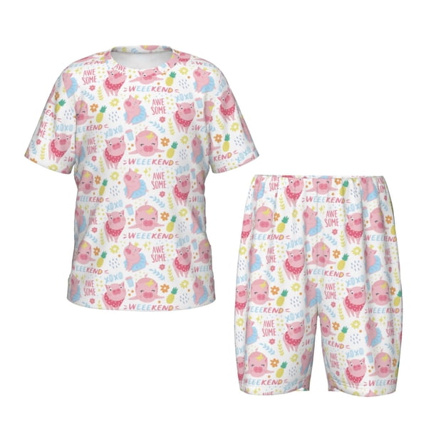 Balery Cute Pig Conjunto de Pijama Infantil de Manga Corta con Estampado – Ropa de Dormir de Algodón Suave-4X-Large