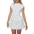 thumbnail image 1 of Women Elegant Slim Solid Pockets Mini Dress O-neck Short Sleeve A-line Chic Robe-DF, 1 of 5