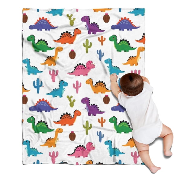 White Dinosaurs Cacti Pattern Blanket,Comfortable Soft Flannel Throw Blanket,All Season,Warm Lightweight Blankets for Sofa Bed Couch Living Room Chair,30"x40"