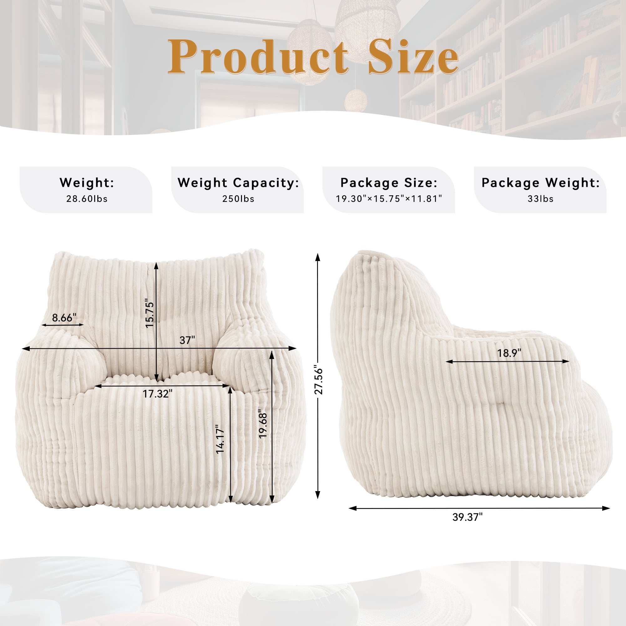 Bean Bag Chair with Filling BeanBag for Adults with Armrest Comfy Corduroy Fabric Lounge Lazy Floor Chair with Memory Foam Filler Fluffy Bean Bag for Dorm Living Room Bedroom Beige