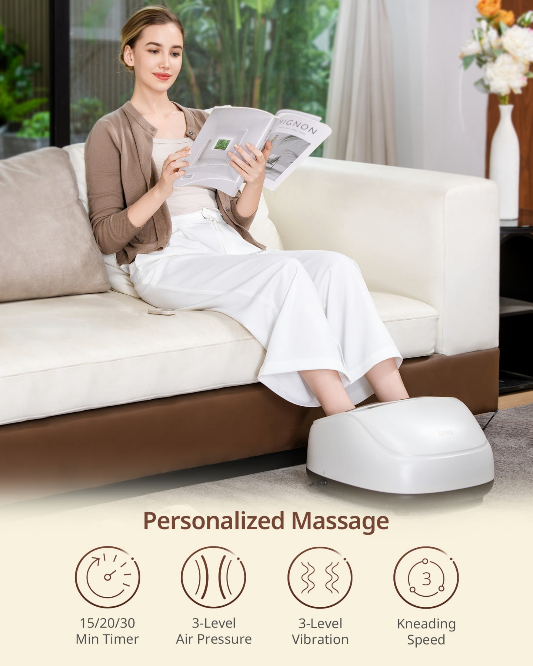ibreo Shiatsu Foot Massager Machine with Heat, Deep Kneading, Air Compression, Vibration, Adjustable Pressure Auto Timer Remote Control, Creamy White