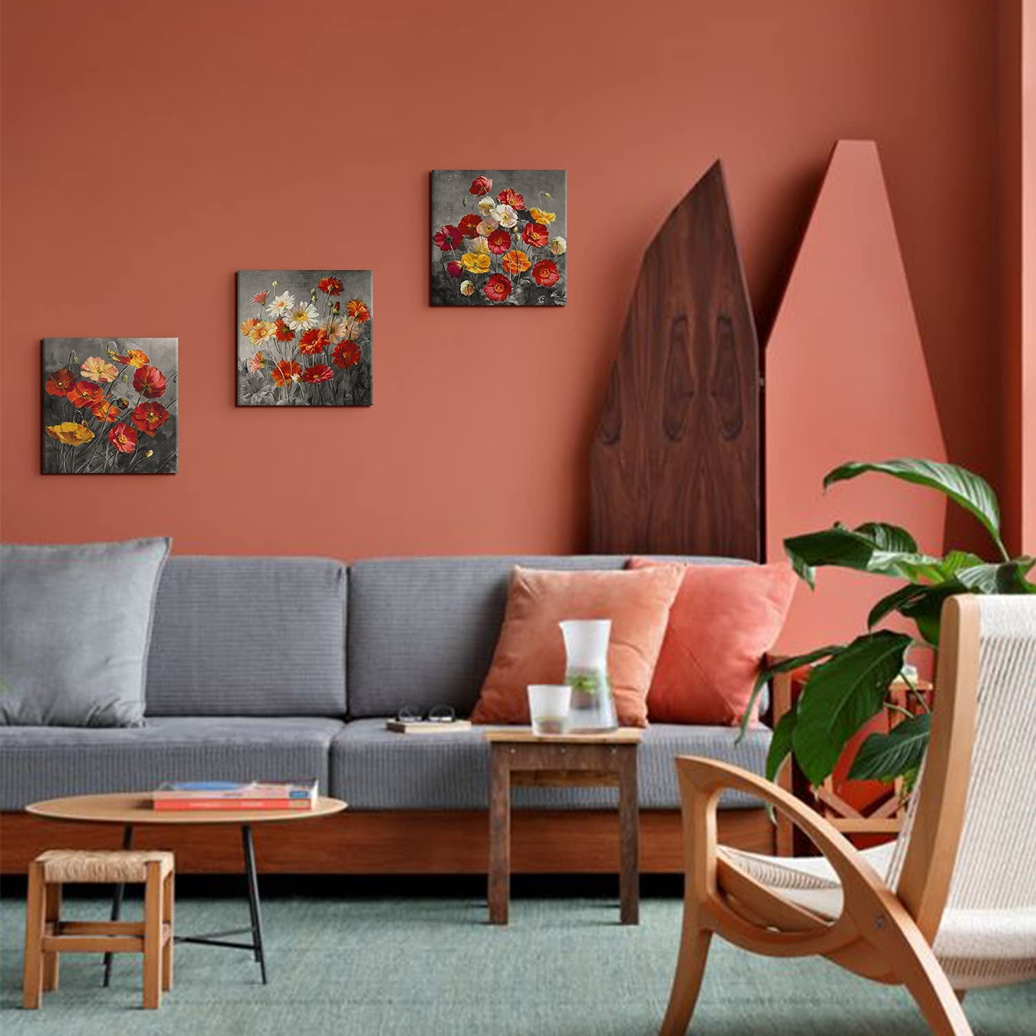 Daisiy Flower Wall Art Orange Floral Pictures Bathroom Wall Decor Red Poppy Canvas Prints for Living Room 16x16"x 3Pcs Modern Colorful Still Life Paintings Stretched and Framed Artwork Home Decoration