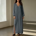 thumbnail image 5 of Guieoi Shift Dresses for Women 2026 Fall Long-Sleeve V-neck Cotton-Linen Split-Hem Dress Gray XXL, 5 of 7
