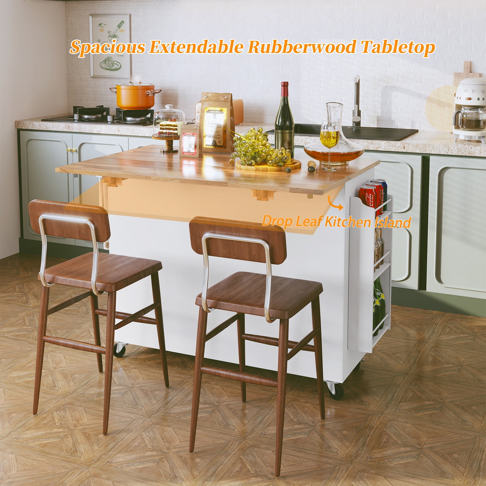 CBJCBJ 50.4" Kitchen Island with Storage, Wood Top Cart with Drop Leaf and Wheels, White