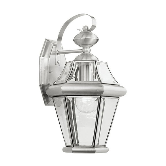 8.5 inch 1 Light Brushed Nickel Outdoor Wall Lantern Pendant Lighting Fixture with Clear Beveled Glass Shade backed with Hand Crafted Solid Brass material for patio, front porch, entryway and more