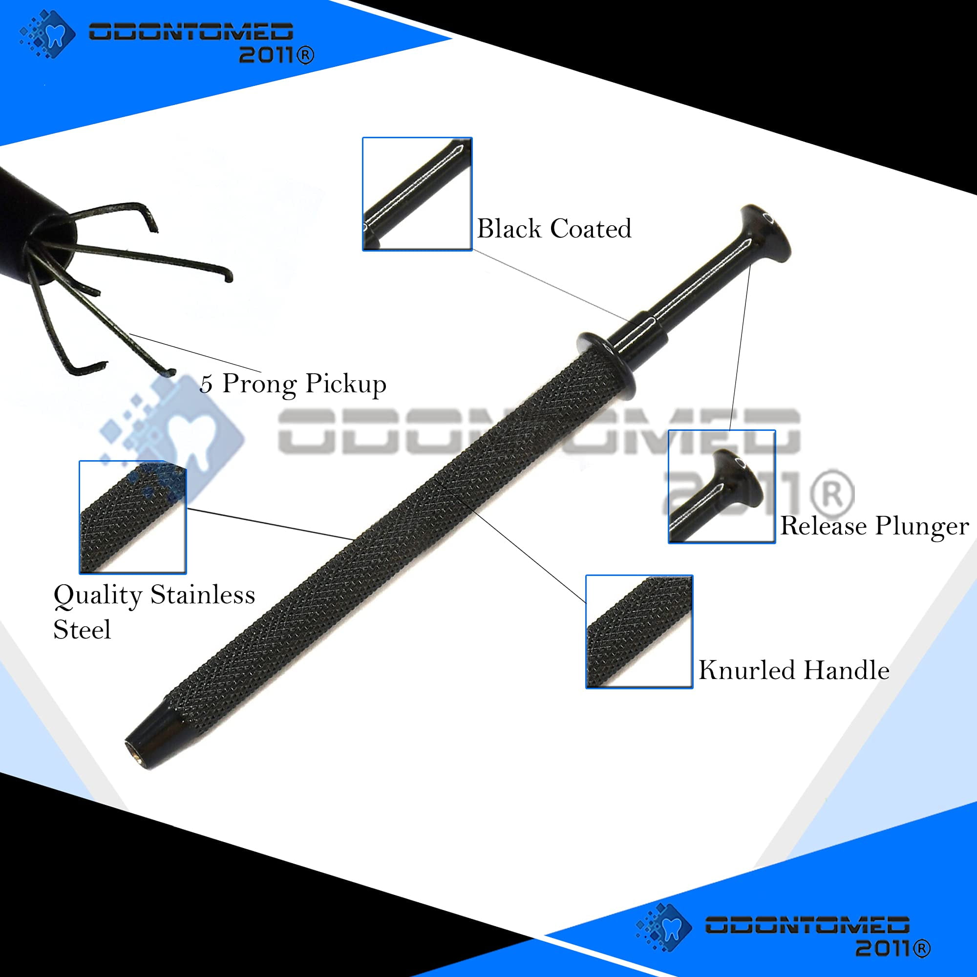 OdontoMed2011 5 Prongs Jeweler's Pick Up Tool Black Coated for Diamonds Gem Stones Beads Ball Grabber Small Parts Picker Stainless Steel