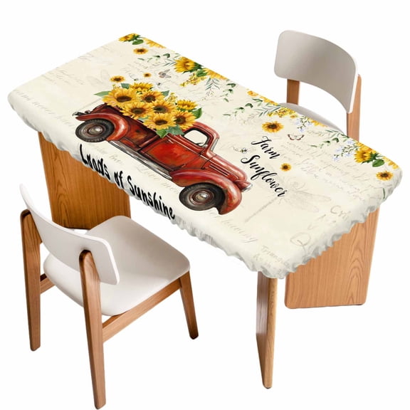 Sunflower Truck Table Cloths for 6 Foot Rectangle Tables, Elegant Yellow Floral Summer Botanical Patio Waterproof Elastic Fitted Tablecloths, Washable Rectangular Table Cover for Camping