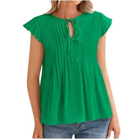 WMTBSRSW Clearance Front Ruched Flutter Sleeve Tunic Tops 2025 Summer V Neck Ruffle Short Sleeve Blouse Lace up Crewneck Babydoll Tops