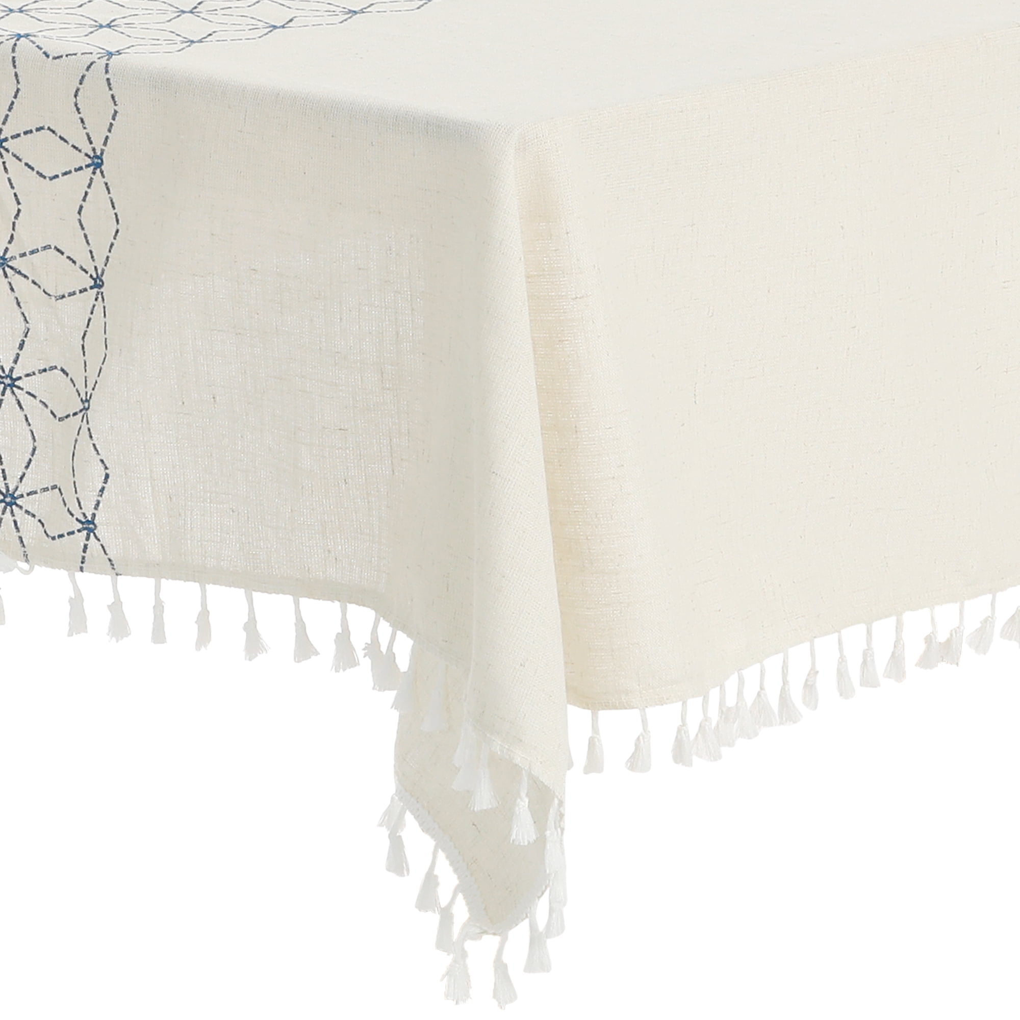 Unique Bargains Rustic Tablecloth Cotton Linen Waterproof Table Cover with Tassels, Diamond Dark Blue 35"x35"