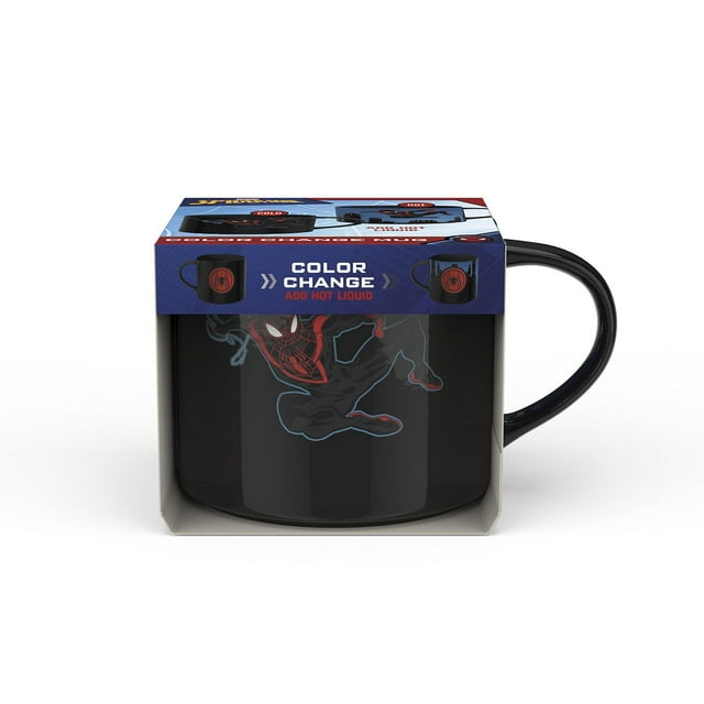 Zak Designs 15oz black colour change mug featuring a red and blue Spiderman graphic, packaged with instructions to add hot liquid for color change.