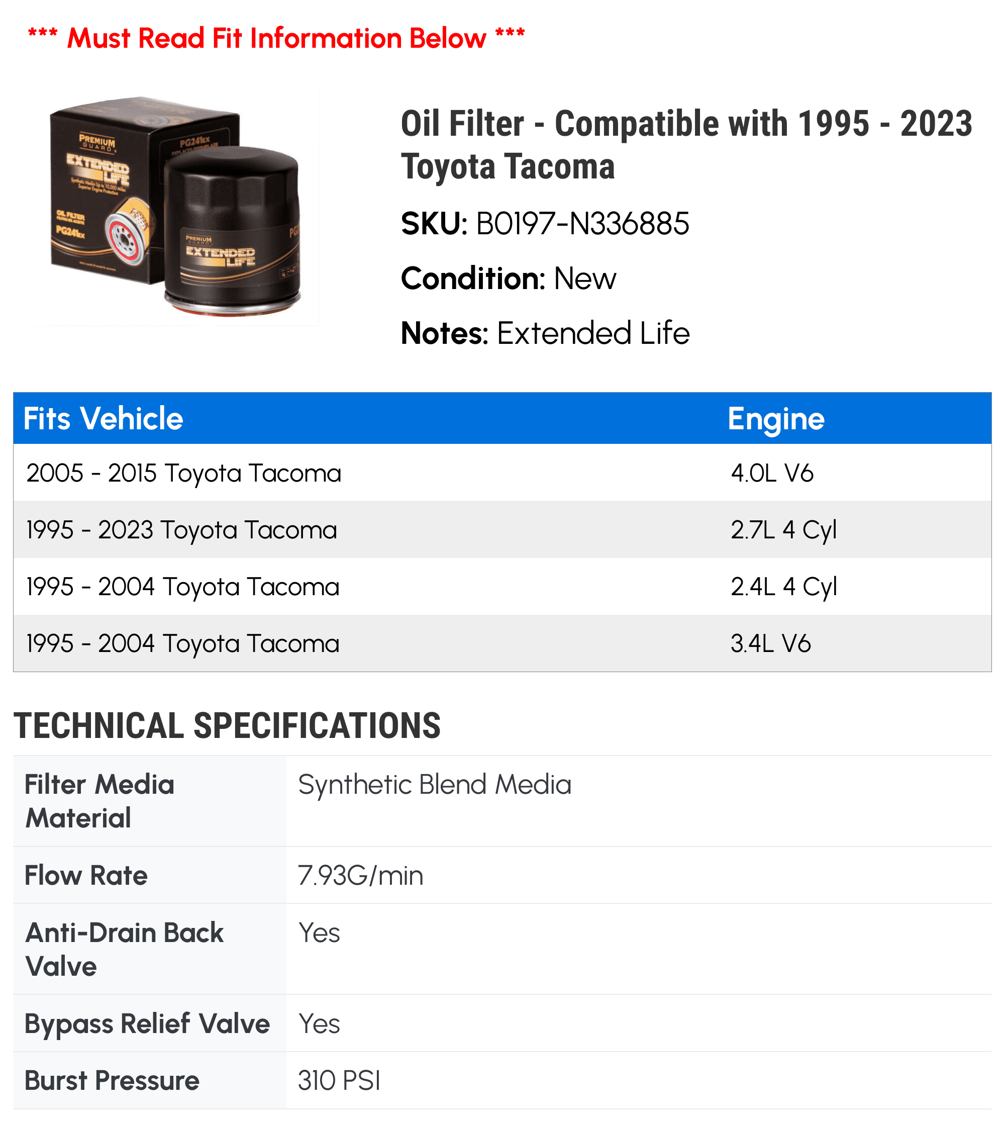 Oil Filter - Compatible with 1995 - 2023 Toyota Tacoma 1996 1997 1998 1999 2000 2001 2002 2003 2004 2005 2006 2007 2008 2009 2010 2011 2012 2013 2014 2015 2016 2017 2018 2019 2020 2021 2022