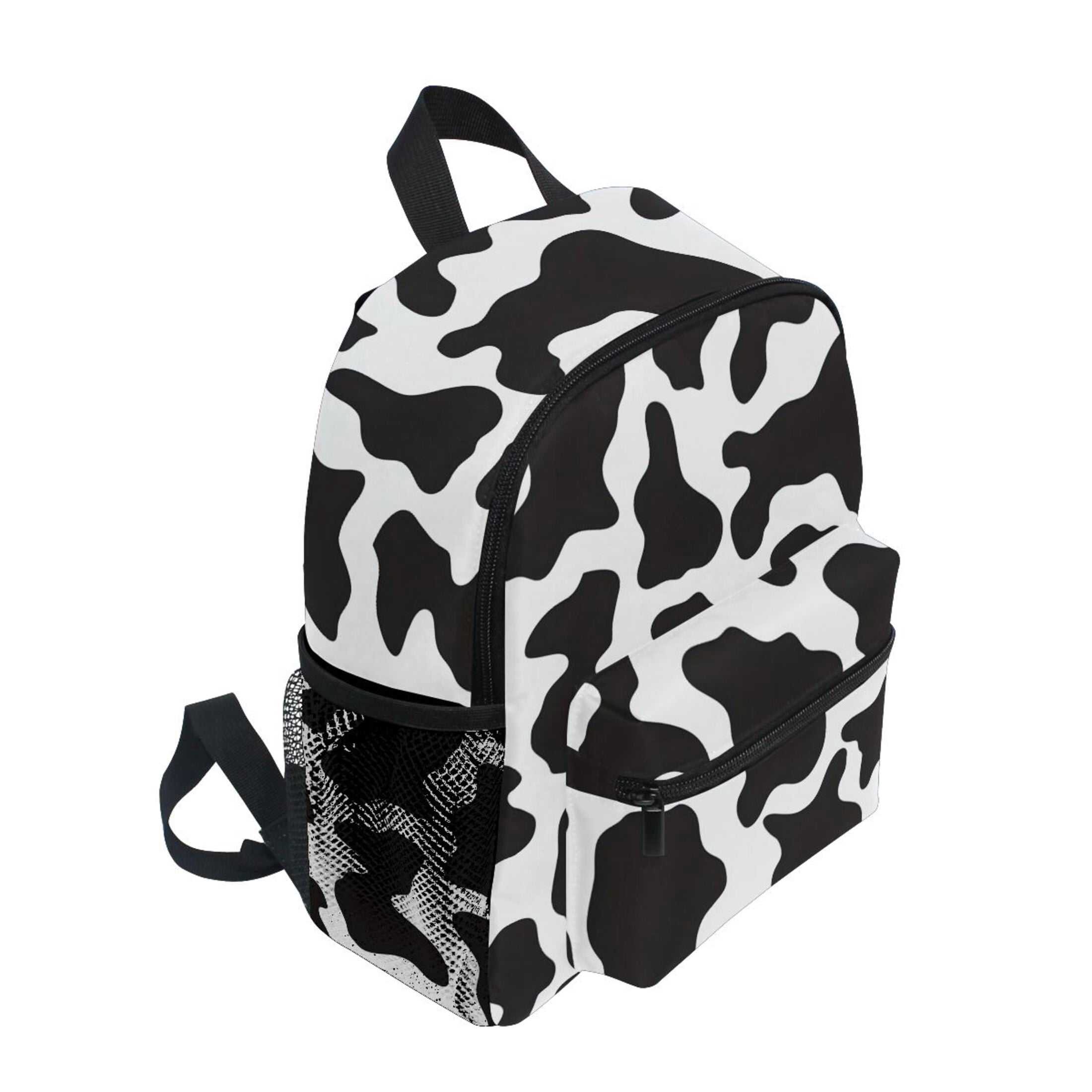 Black White Cow Print Pattern Mini Backpack Cute Small Backpack with Chest Strap and Whistle Ages 3-8