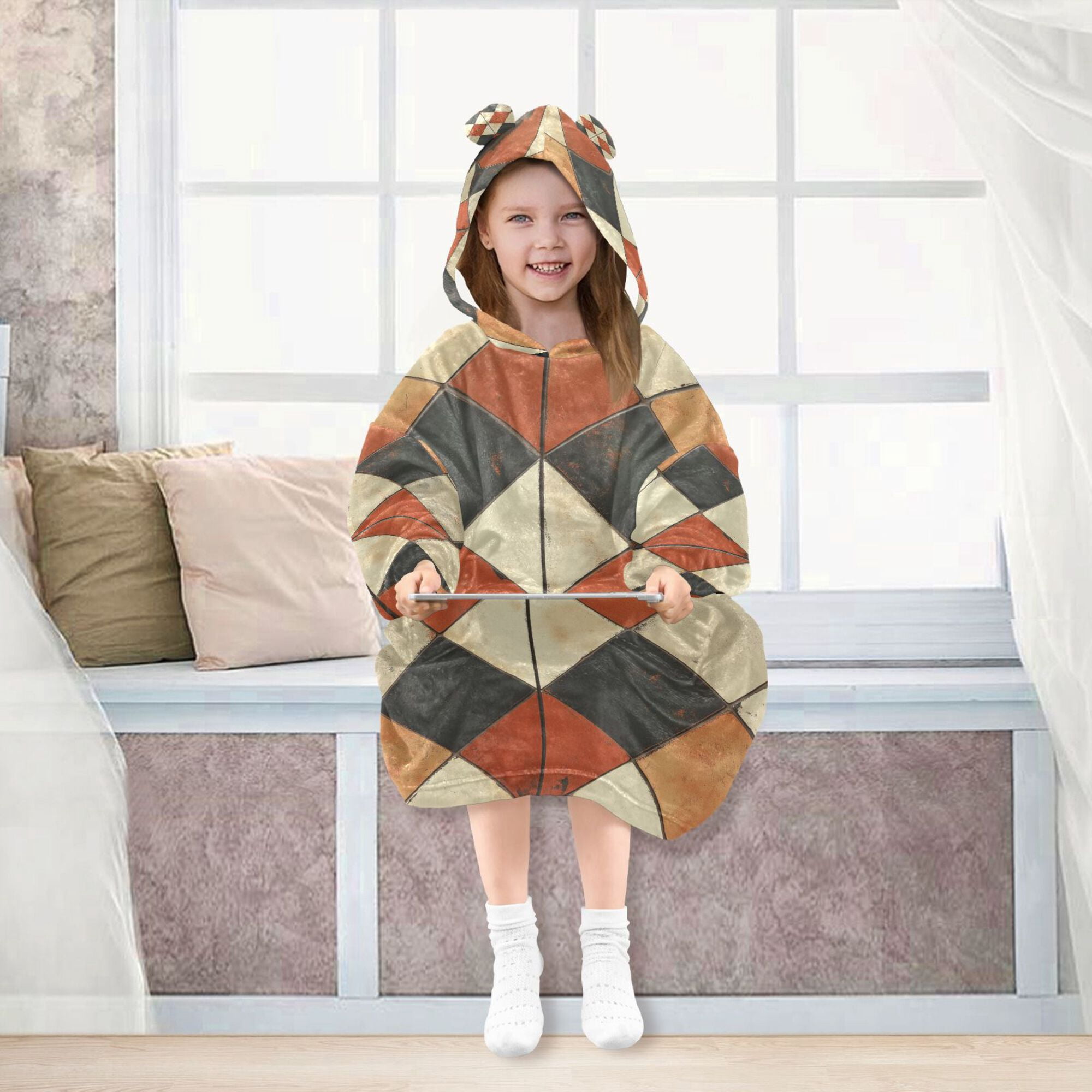 FORMRS Wearable Blanket Hoodie with Sleeves for Kids Cozy Flannel Sweatshirt, Checkered Pattern