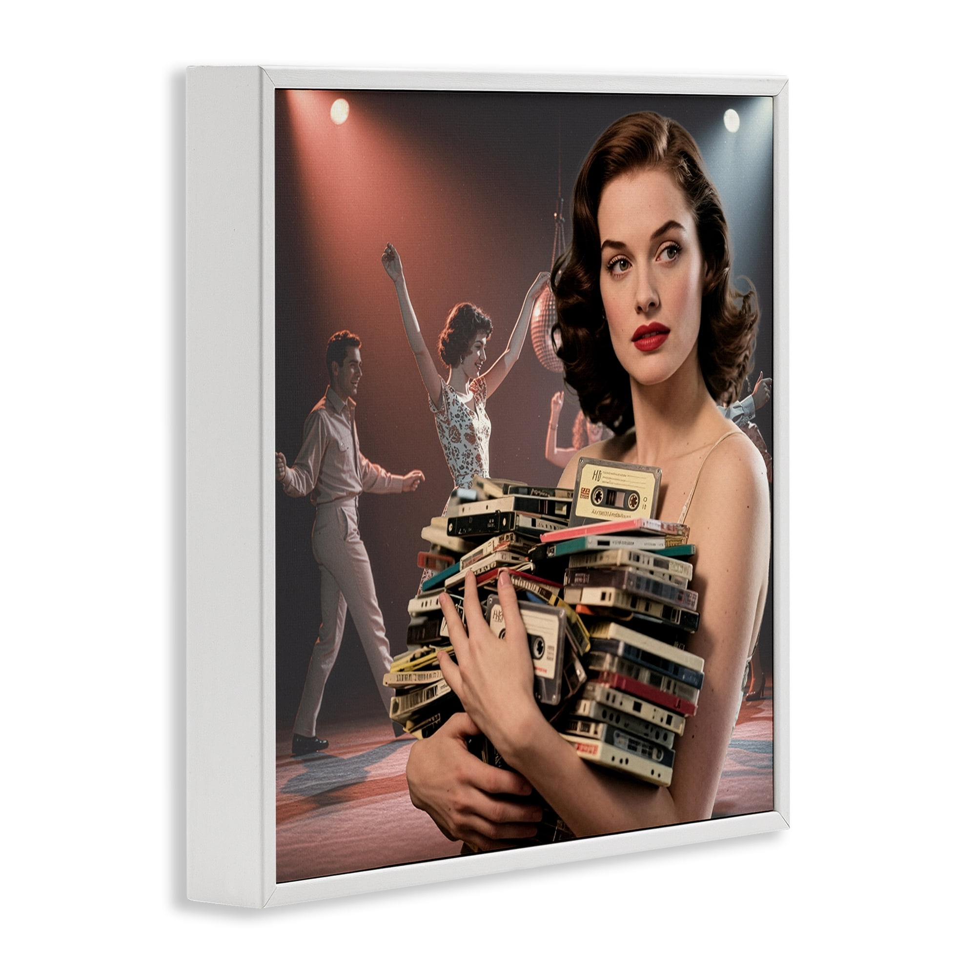 Stupell Industries Woman Holding Vintage Cassette Collection White Framed Giclee Art, design by CAD Designs