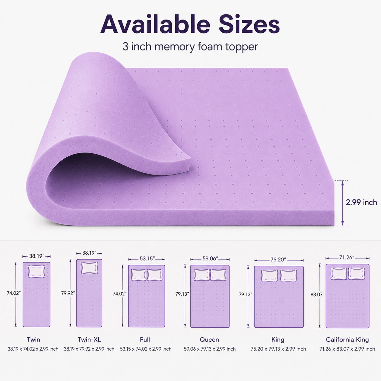 Alvantor 3 Inch Cooling Gel Memory Foam Mattress Topper Pressure Relief Pad, Ventilated Design Bed Topper, Purple