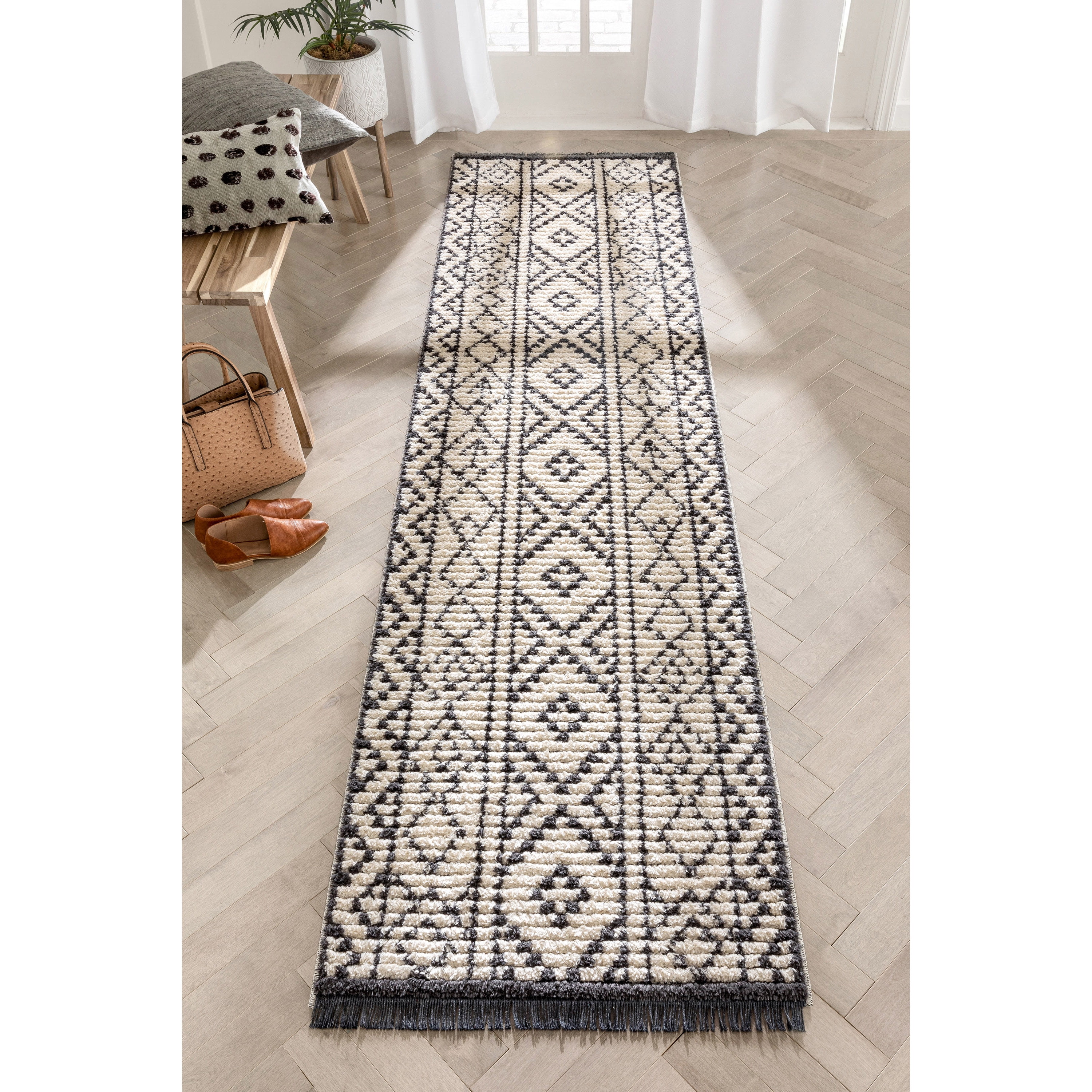 Well Woven Maya Tallulah 2'7 x 9'10 Runner Grey Tribal Moroccan Diamond Pattern Textured Pile Area Rug Well Woven Maya Tallulah 2'7 x 9'10 Runner Grey Tribal Moroccan Diamond Pattern Textured Pile Area Rug
