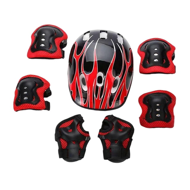 7 piezas Casco de patinaje para el rodillo del casco para bicicletas para niños para niños pequeños al aire libre Rojo negro