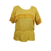 Mogul Womens Solid Top Mustard Lace Work Short Sleeves Rayon Boho Chic Tops