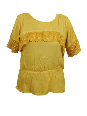 Mogul Womens Solid Top Mustard Lace Work Short Sleeves Rayon Boho Chic Tops