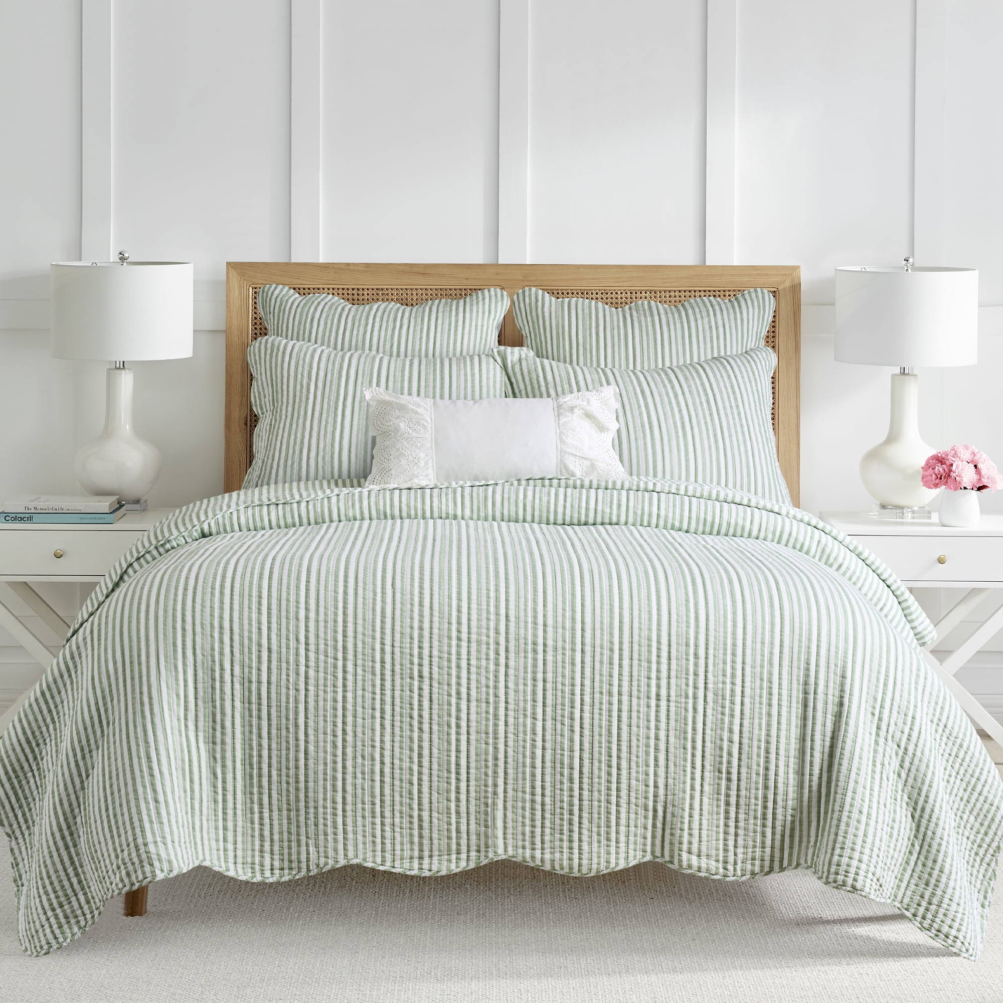 Levtex Home Martha Stripe Sage Reversible Twin XL / Twin Quilt Set (68x86in) with 1 Pillow Sham (26x20in) - Stripe Bedding - Sage, White - Cotton Twin Size Quilt Bedding Set - Scalloped Edge