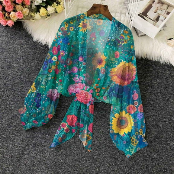 Aboser Chiffon Bolero Cardigans for Women Boho Floral Printing Crop Cardigan Lightweight Sheer Cover Ups for Dresses Casual Tie Front Cropped Shawls