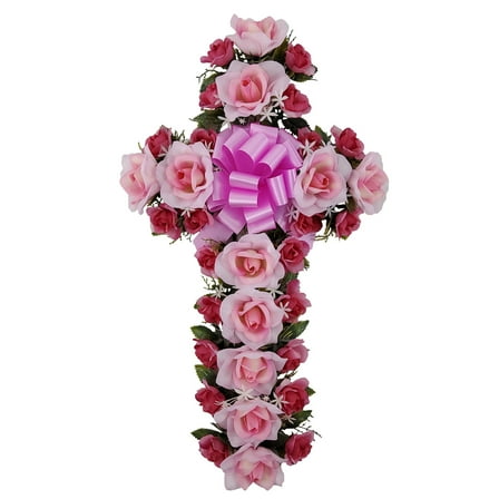 Mainstays 24in Outdoor Artificial Rose Floral Cross in Light Pink.