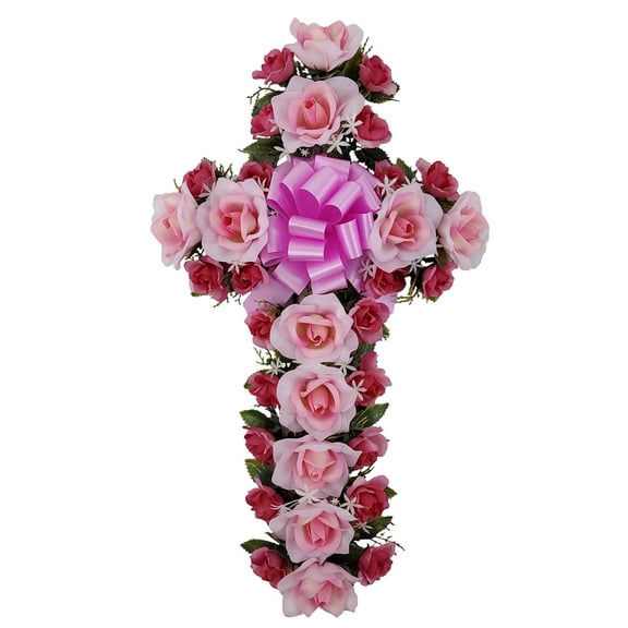 Mainstays 24in Outdoor Artificial Rose Floral Cross in Light Pink.