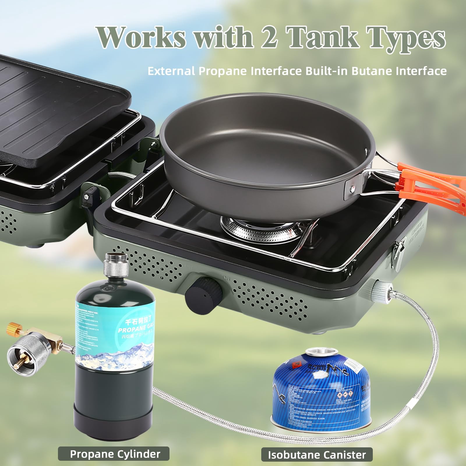 2 Burner Propane Camping Stove  30000 Btu Foldable Portable Gas With Cookware Set & Carry Bag Outdoor Cooking For Rv Emergency Use Green