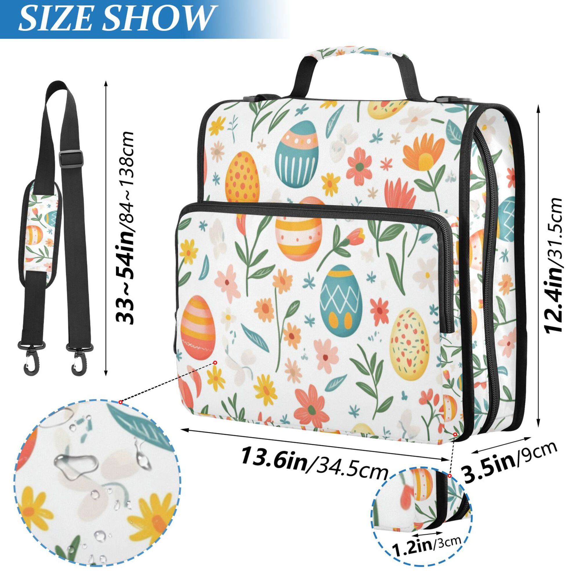 FORMRS Zipper Binder with Shoulder Strap 2-inch Ring 500 Sheet Capacity File Bag, Floral Easter Eggs