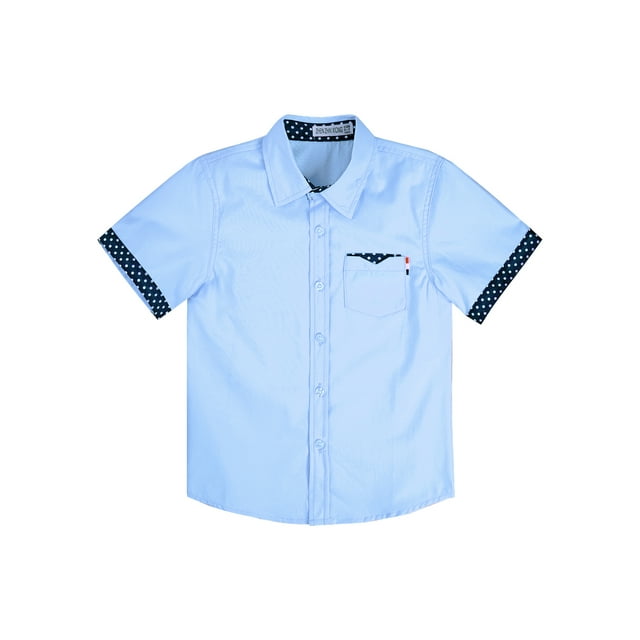 XUNZOO Chemise d'Uniforme Scolaire à Manches Courtes pour Garçons, Chemise Habillée à Col Formel, Blouse Décontractée avec une Poche Bleue 130