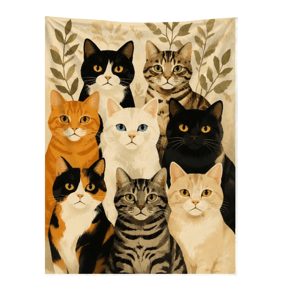 A cozy flannel blanket with assorted cat faces in a grid pattern, soft and fluffy, great for sofa, bed, travel, and cat lover gifting.