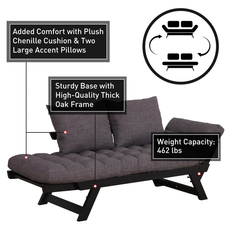 HOMCOM Single Person 3 Position Convertible Couch Chaise Lounger Sofa Bed Dark Grey