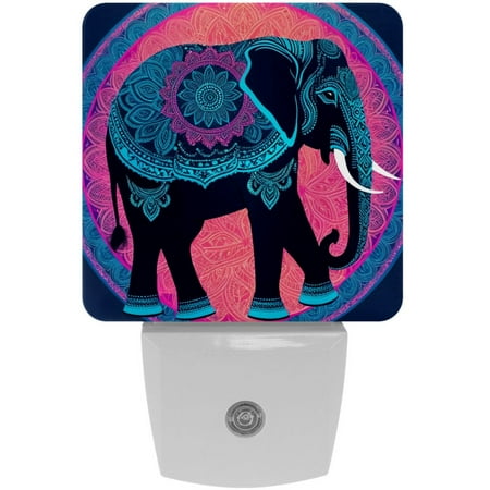 

LED Night Lights Plug into Wall 2-Pack 0.5W Plug in Night Light Dusk to Dawn White Bright Nightlight for Bedroom Bathroom Hallway Kitchen Purple Ethnic Tribal Elephant