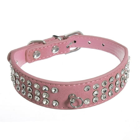Crystal Dog Dog Collar - Meigar 3 Rows Rhinestones Suede Leather Dog Collars Crystal Diamante Dogs Cat Puppy Collar,Pink,4 Sizes You Can Choose