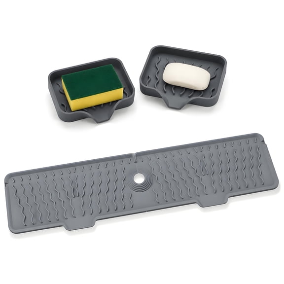 ROFAY 3-Piece Silicone Kitchen Sink Organizer Set, 24" Extra Long Faucet Splash Guard Mat with 2-Pack Self-Draining Soap Holders, Waterproof Countertop Drip Catcher & Sponge Tray