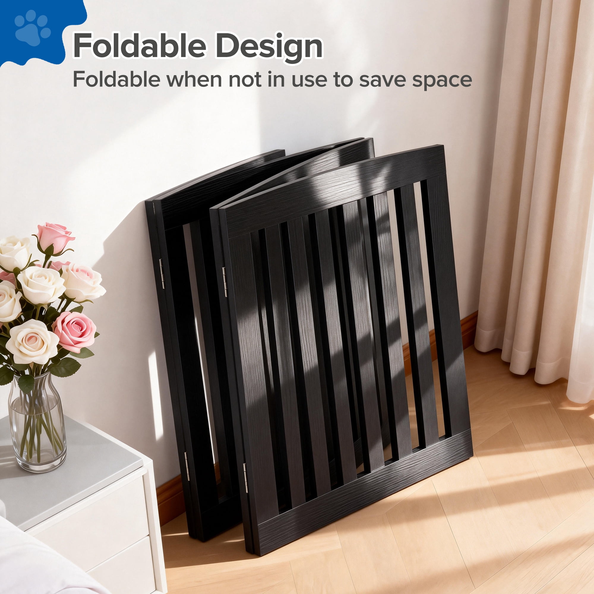 SHOUFTW Foldable Wooden Pet Gate, Freestanding and Extra Wide 4 Panel Dog Gate for Doorways, Stairs, Hallways, Black