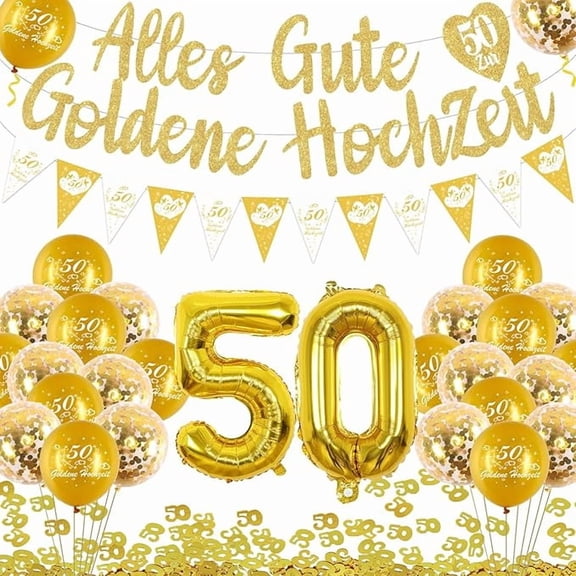 50th Wedding Anniversary Decorations, Happy Golden 50th Wedding Anniversary Banner, Golden Balloons, Bunting Flag, Table Confetti, 50th Wedding Anniversary Party Supplies for Couple