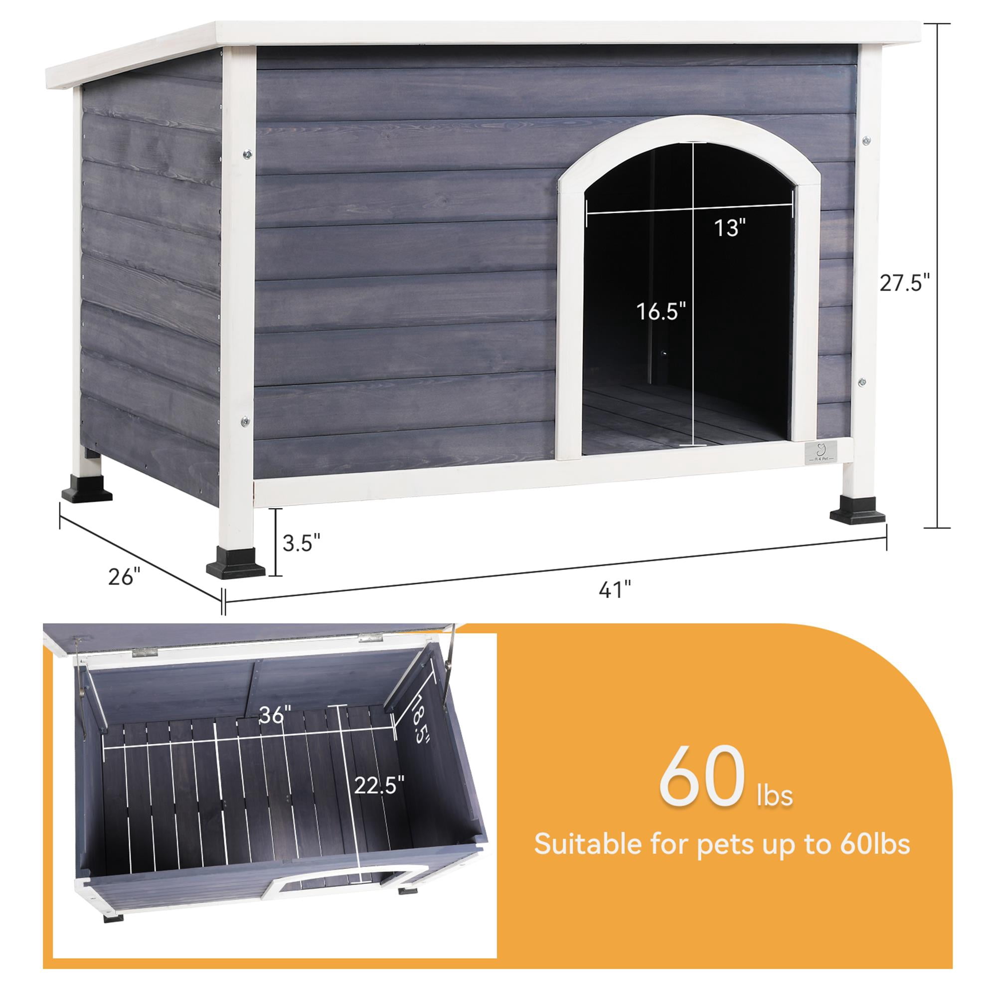 Pefilos 41" Width Outdoor Wooden Dog House for Medium Dogs with Raised Feet, Removable Floor Weatherproof Pet Cat House, Gray