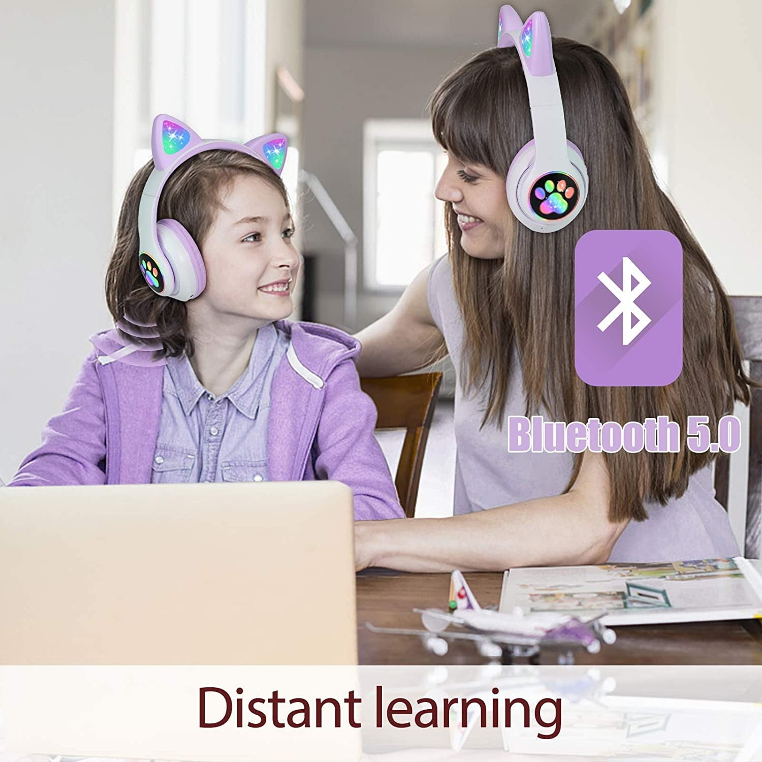 TCJJ Kids Headphones, Cat Ear Wireless Headphones, LED Light Up Kids Bluetooth Headphones Over On Ear w/Microphone for Phone